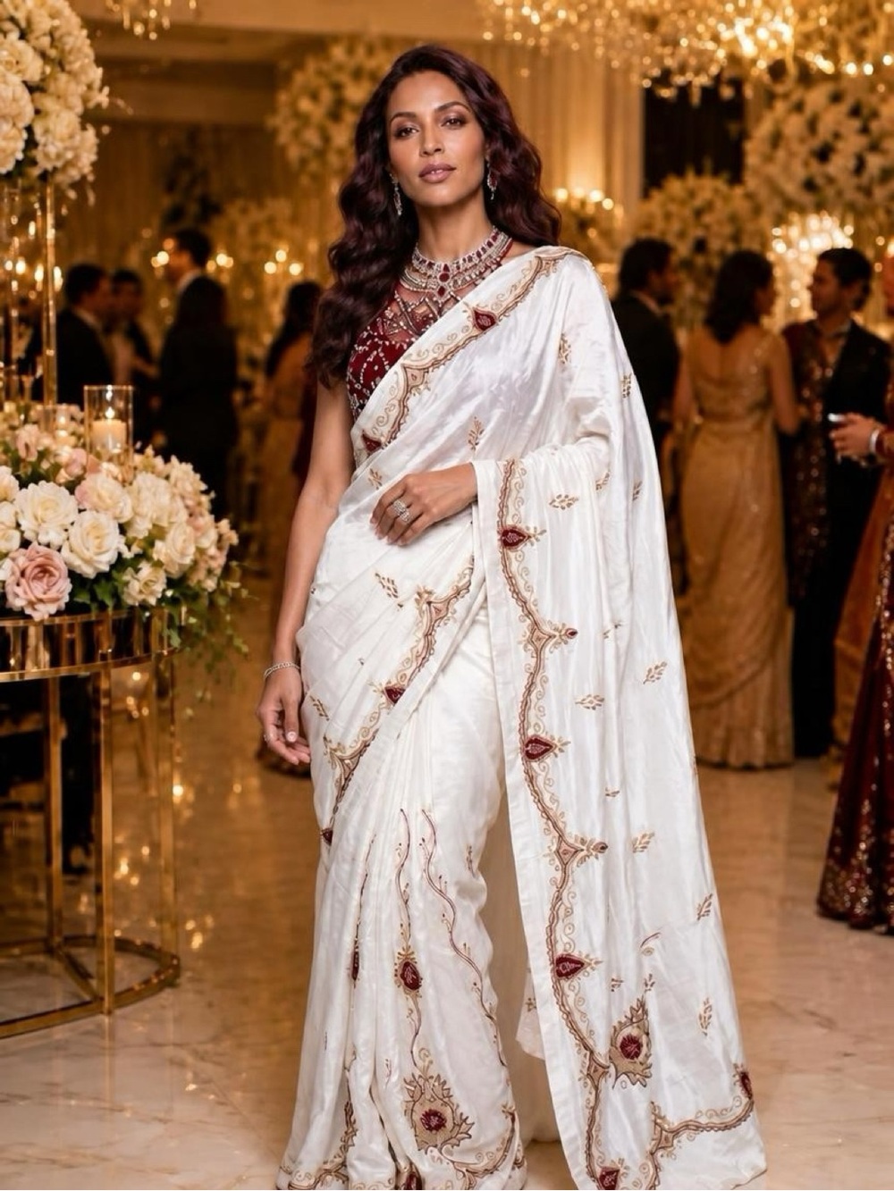 Elegant and Rare White Embroidered Saree with Maroon Accents